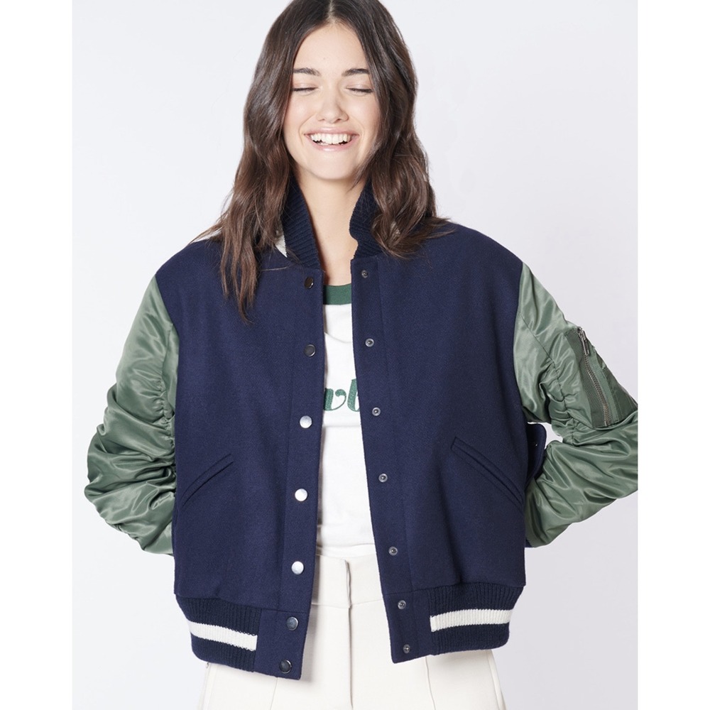 Veronica Beard Joanie Jacket Navy Blue Wool Green Varsity Bomber XS
